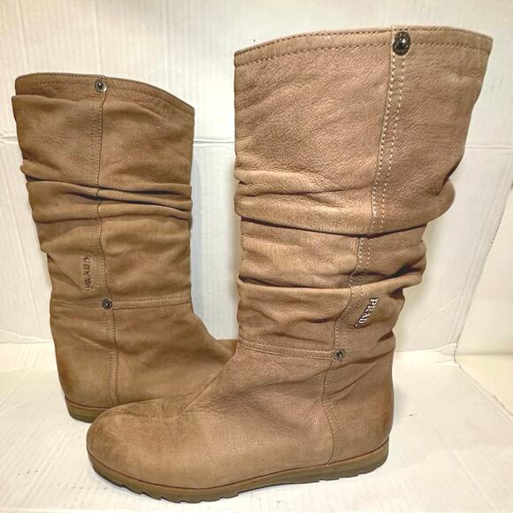 Prada Sport Women's Brown Slouchy Suede Mid Calf Flat Pull On Boots Size 38/US7 - Picture 1 of 10